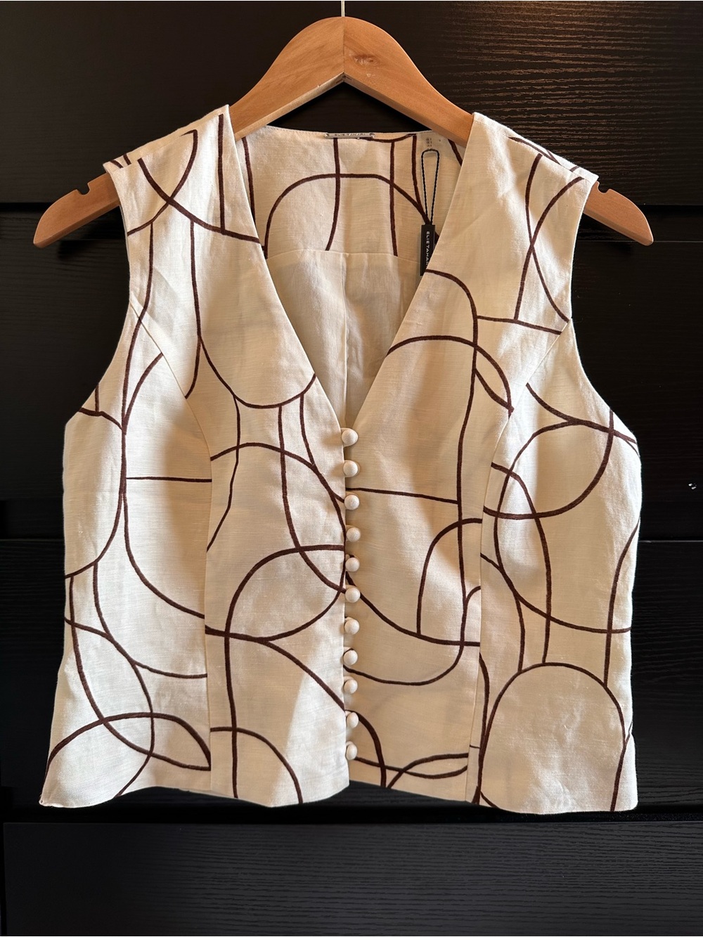 Elie Tahari Linen Blend Button Front Vest Top Abstract Print Size 2 NWT